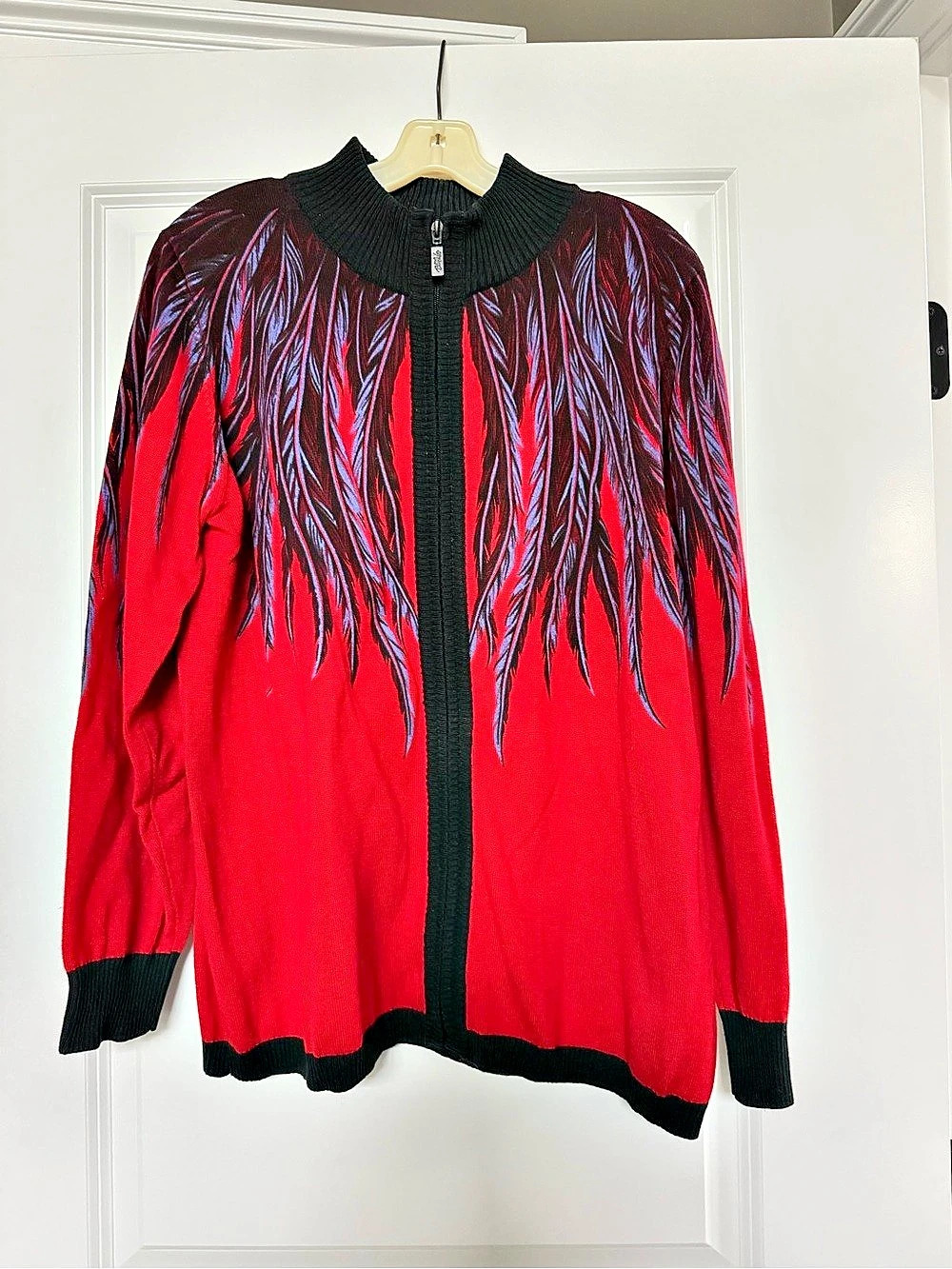 Bob Mackie Wearable Art Full-Zip Feather Print Sweater XL